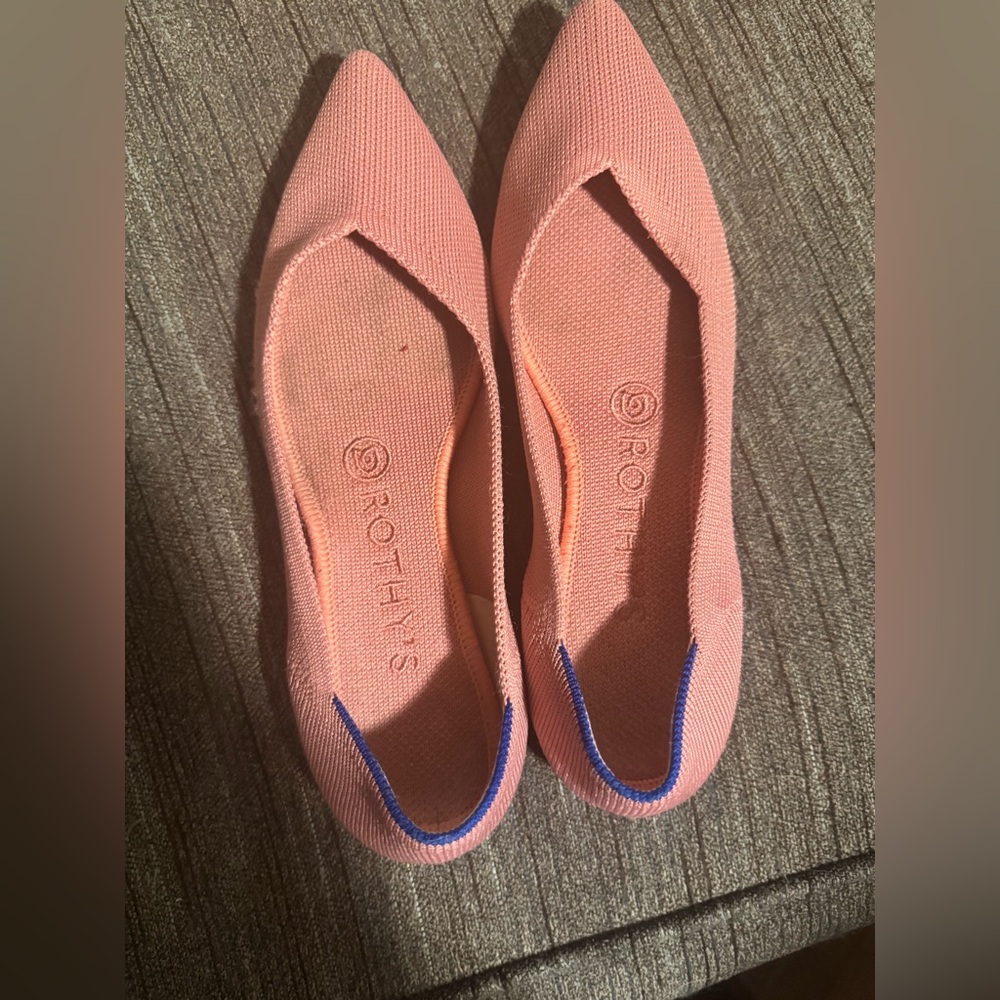 Rothy's Pointed Knit Flats in Coral with Blue Accent